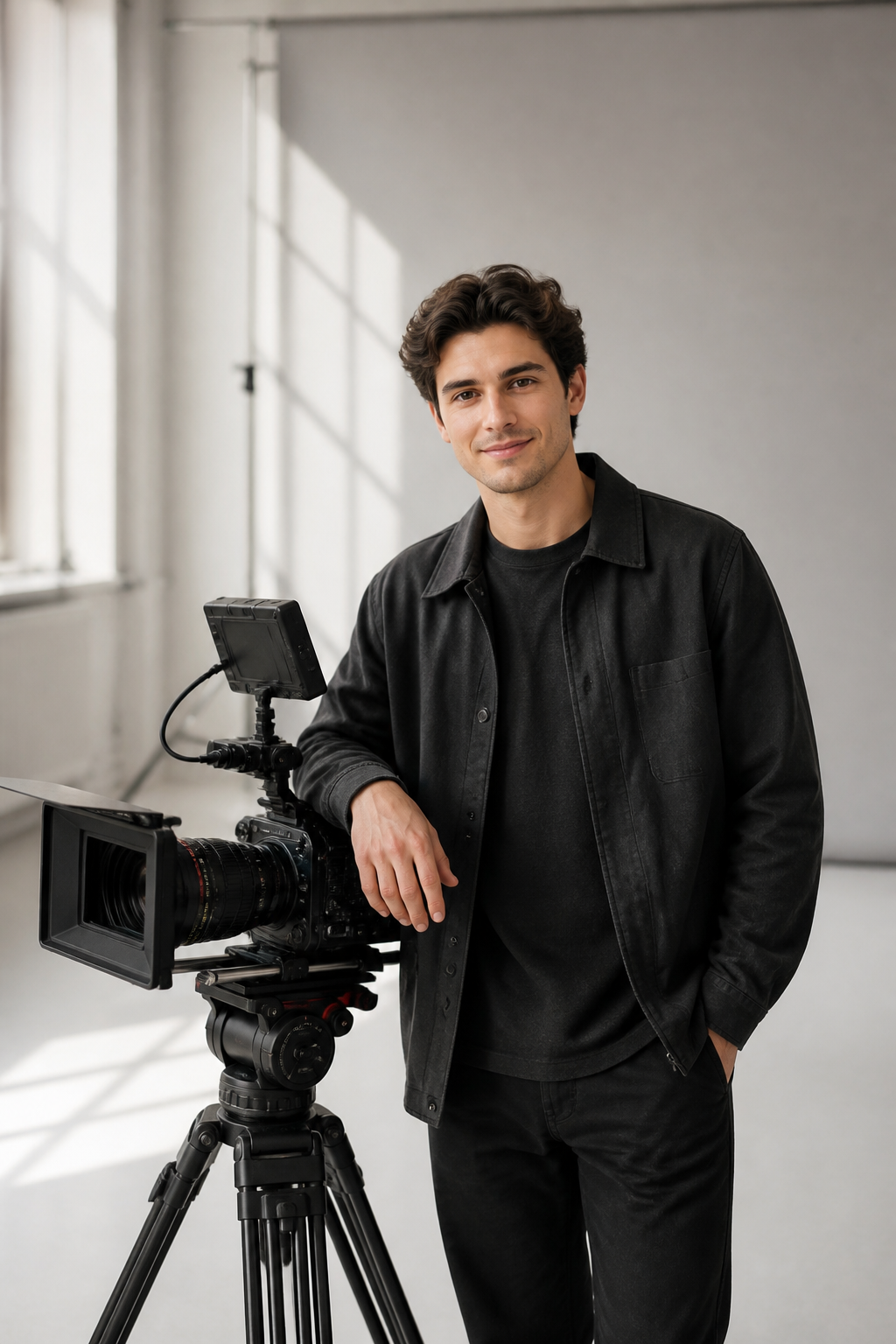 Video creator working beside a cinema camera in a studio